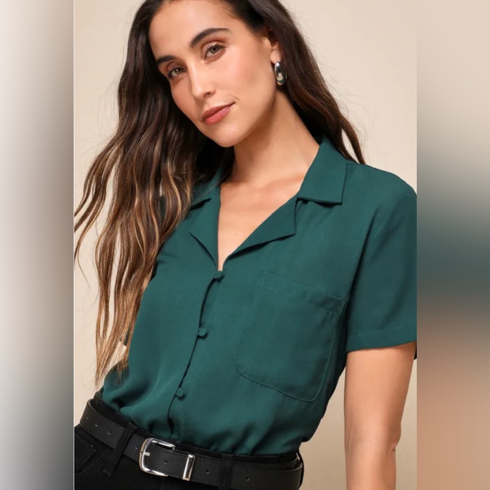 Lulus Dark Green Short Sleeve Button-Up Top
